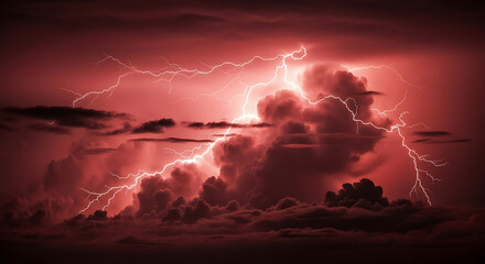 Dramatic thunderstorm scene with intense lightning strikes illuminating storm clouds colored deep
