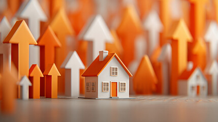 Small model house surrounded by upward pointing orange arrows symbolizes real estate growth and investment potential. scene conveys sense of optimism and financial opportunity