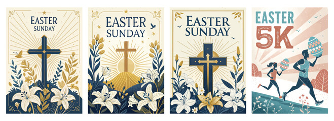 Set of four posters with artistic Easter designs and vibrant 5K race theme