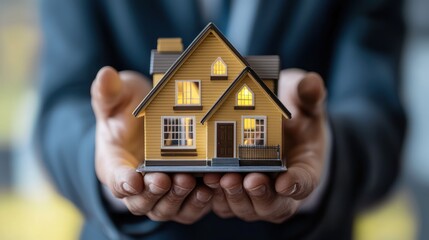 A person holding a small model house in their hands.