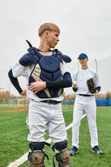 Fototapeta premium Two teenage boys enjoy a fun day playing baseball on the sunny field