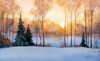 Trees in the winter forest. Watercolor landscape
