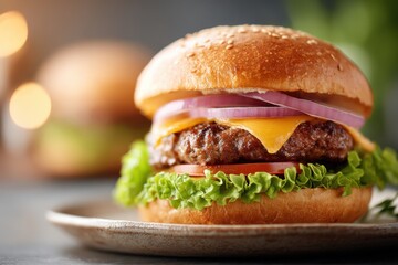Mouthwatering cheeseburger served on rustic plate with fresh toppings and warm bun