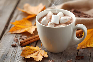 Cozy Drink: Hot cocoa with marshmallows and autumn leaves on a wooden table.
