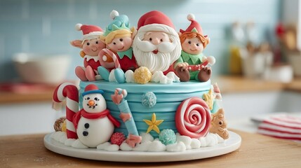 Whimsical Christmas cake decorated with adorable Santa, elves, and snowman figurines in pastel colors, creating a festive and magical holiday dessert centerpiece
