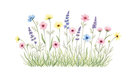 Delicate Watercolor Floral Meadow with Pastel Colors and Tender Spring Grass