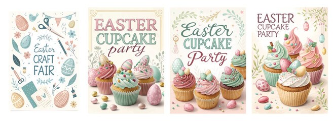 Set of four posters featuring Easter cupcake party invitations with pastel designs