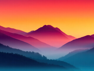 Obraz premium Vibrant sunset landscape with colorful mountain layers and serene atmosphere, creating peaceful and dreamy scene