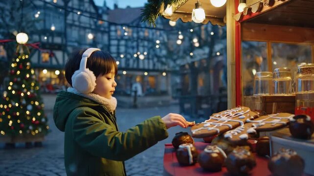 young child at christmas market at the gingerbread cookie stand 4k