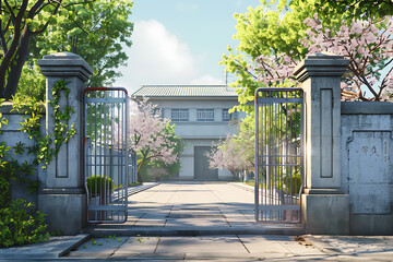 春の桜並木が映える日本の学校の正門