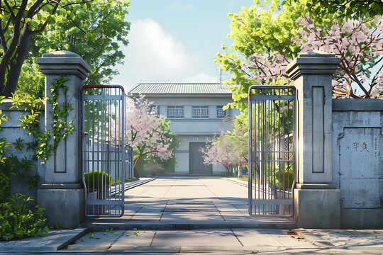 春の桜並木が映える日本の学校の正門