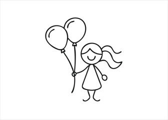 Joyful young woman holding a bouquet of colorful balloons in a simple continuous line art drawing isolated on white background