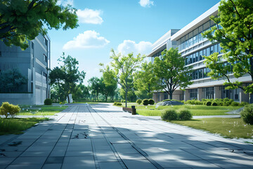 青空と緑に囲まれた日本の大学キャンパスの中庭