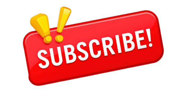Red Subscribe Button with Exclamation Points, Transparent Background
