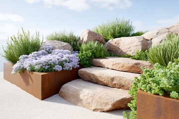 Rock garden with a stone staircase and a row of potted plants. The plants are in a variety of sizes and colors, and the rocks are of different shapes and sizes