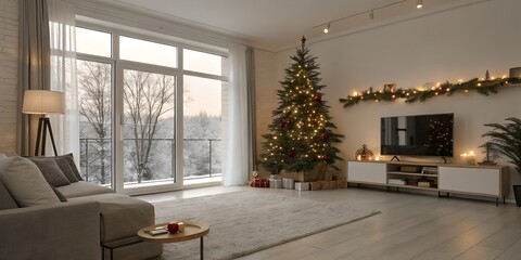 A living room decorated for christmas with a tree and a large window showing a winter scene outside