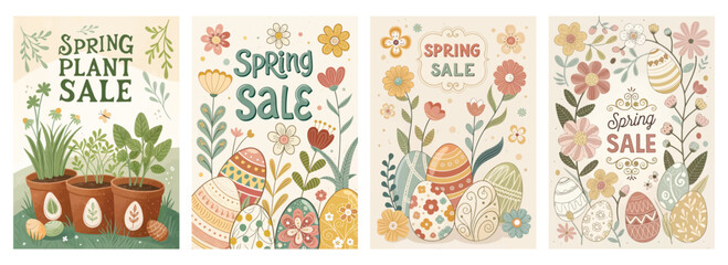 Set of four posters with vibrant spring sale banners and pastel colors