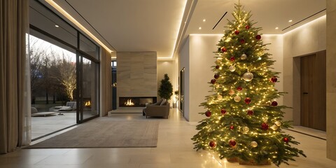 A christmas tree stands in a modern living room with a fireplace and large sliding glass doors open