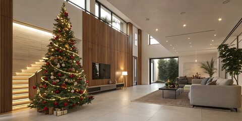 Christmas tree in modern living room with staircase and large windows and minimalist furniture decor