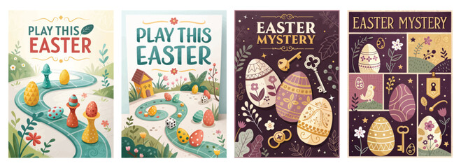 Set of four posters featuring vibrant Easter illustrations with games and puzzles