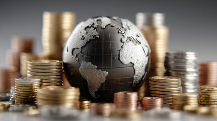 Metallic globe surrounded by stacks of coins symbolizes global financial markets and economic growth. image conveys sense of wealth and international investment