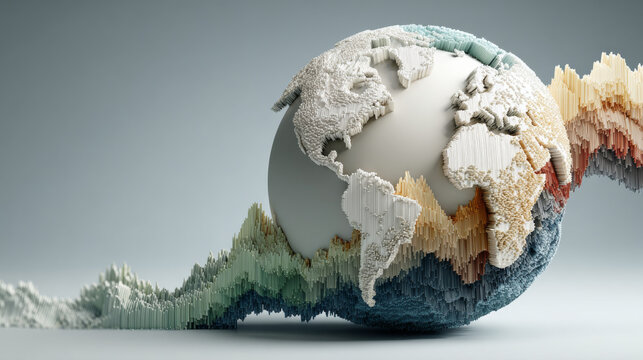 3D abstract representation of Earth with colorful, textured layers symbolizing global data and diversification. artistic design conveys sense of complexity and interconnectedness