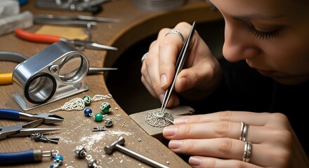 Close-up of a jeweler working on intricate jewelry design with tweezers, and a jeweler carefully setting a small gemstone with precision and expert craftsmanship