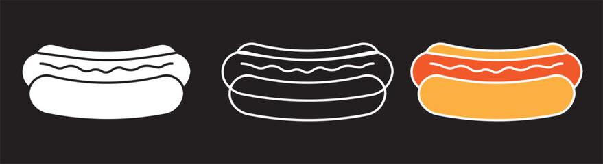 Hot dog icon collection in black and colored style. Sausage icon symbol collection on white background