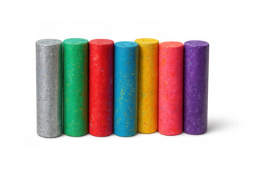 Seven colorful chalk sticks are standing upright on a transparent background, ready for creative drawing and artistic expression