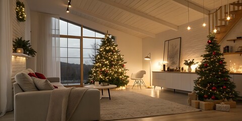 Festive living room with christmas trees and soft lighting creating a cozy holiday atmosphere inside