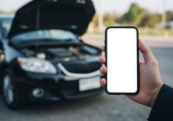 Person holding a smartphone with a blank white screen in front of a broken down car with the hood open on the side of the road