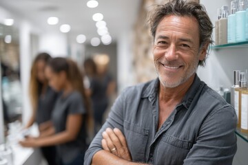 Middle-aged Hispanic male salon administrator overseeing staff in vibrant beauty salon environment