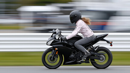 Female adult riding motorcycle at high speed on track