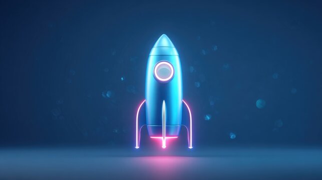 A blue rocket is lit up with neon colors and is standing on a blue background