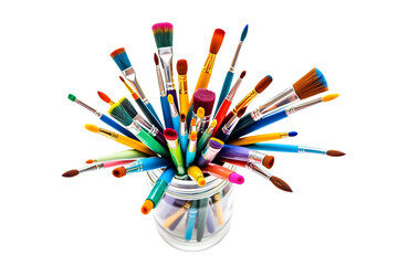 Fototapeta premium Assorted paint brushes in a jar isolated on transparent background