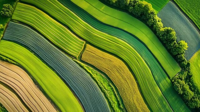 Aerial view showcasing intricate patterns of lush green and golden fields with winding rows under clear skies in rural agriculture