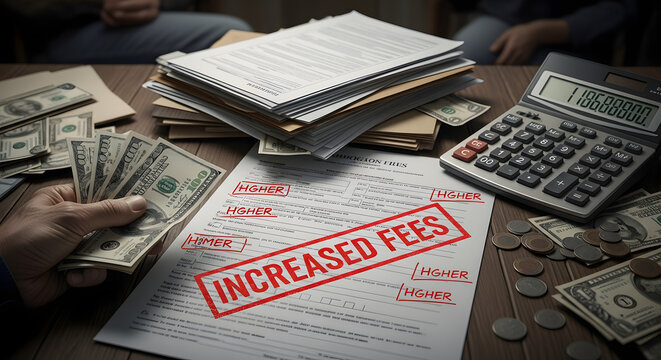 A person stressed by increased fees counts cash to pay bills at a messy desk