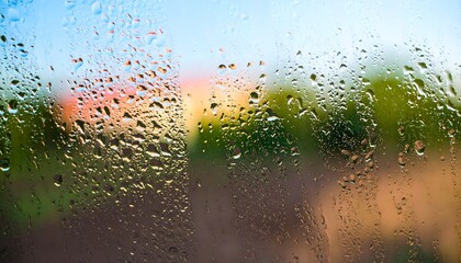 Obraz premium Colorful condensation on glass with blurred summer garden — for graphic design