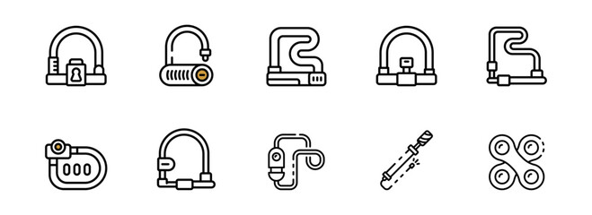 Collection of Ten Modern Line Icons: Bicycle and Motorcycle Locks, Security Devices, Safety Equipment, Minimalist Style, Black and White Vector Graphics.