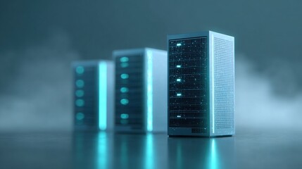 Three computer servers are shown in a blue light
