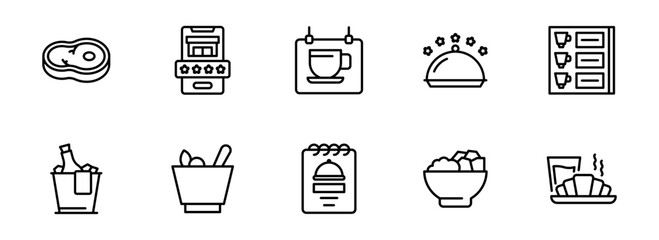 Restaurant Menu Icons:  Modern Line Art Style, Clean Minimalist Design,  Food and Beverage Service Symbols,  High-Quality Vector Graphics for Website and App UI.