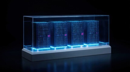 A display of four cubes in a clear case with a blue background