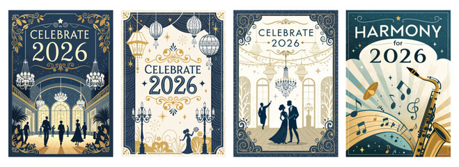 Set of four posters vintage-style dancing couples and musical instruments
