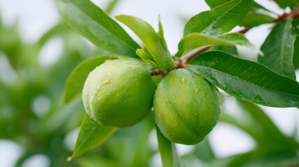Two green peaches are hanging from a tree. The peaches are wet and shiny. The leaves are green and the tree is tall