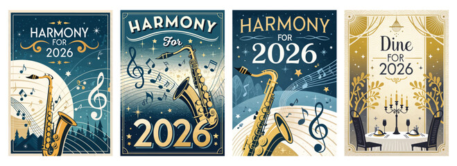 Set of four posters featuring art deco saxophones and musical themes