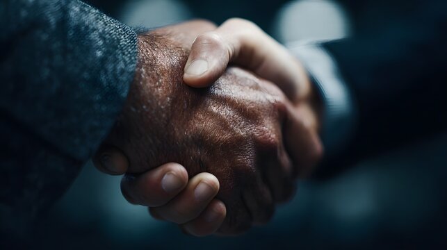 Formal business handshake between partners in dramatic lighting