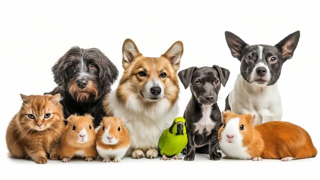 Assortment domestic pets including various dog breeds, guinea pigs, orange cat, green parrot is captured in single shot, against white background, each facing forward.