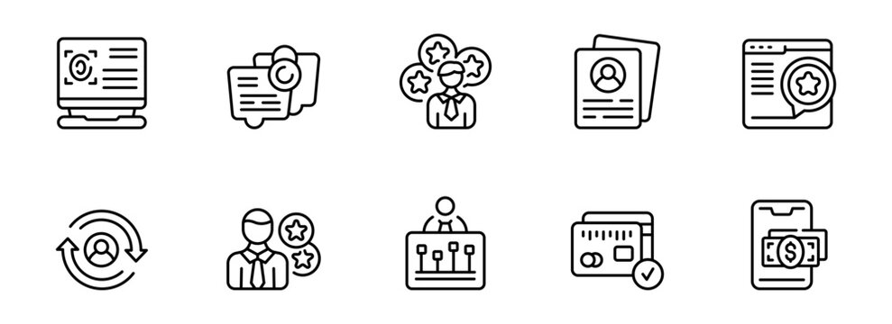 Modern Line Icons:  Business, Finance, and Customer Review;  Professional, Clean Style;  Positive and Trustworthy Mood;  Suitable for Website, App, and Marketing Materials.