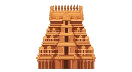 An intricate illustration of a traditional South Indian Hindu temple gopuram, showcasing ancient Dravidian architecture.