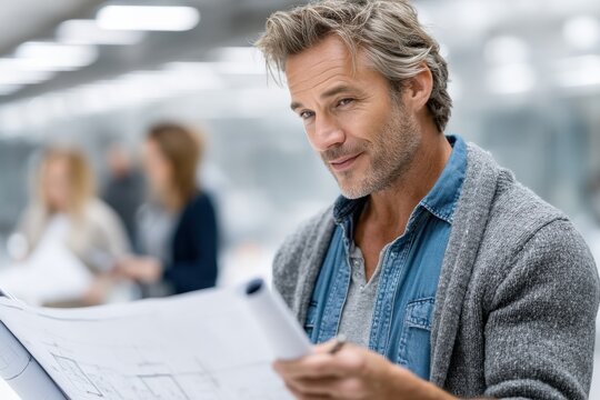 Diverse architect engages in creative design process in bright office environment with colleagues collaborating